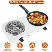 Countertop Double Burner Teqhome 2000W Cast Iron Electric Hot Plate for Cooking 5 Level Temperature Control Non Slip Rubber Feet Easy to Clean White